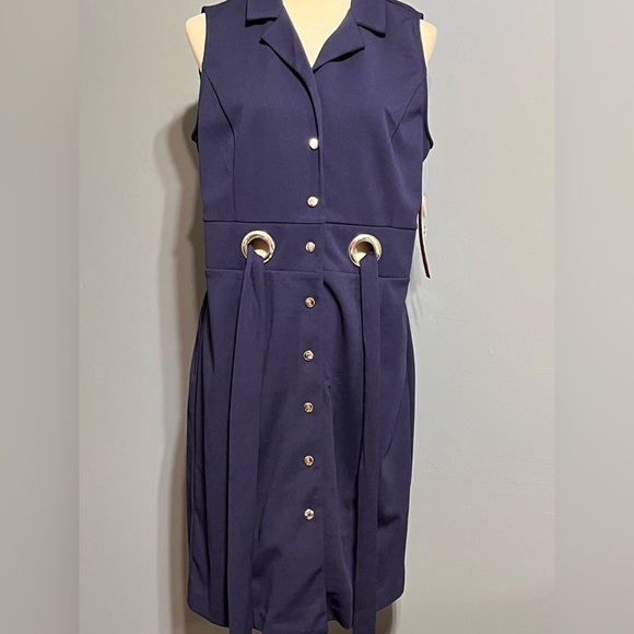 NWTs Ile NewYork navy blue button front collared dress with stretch size 10 - Picture 2 of 11